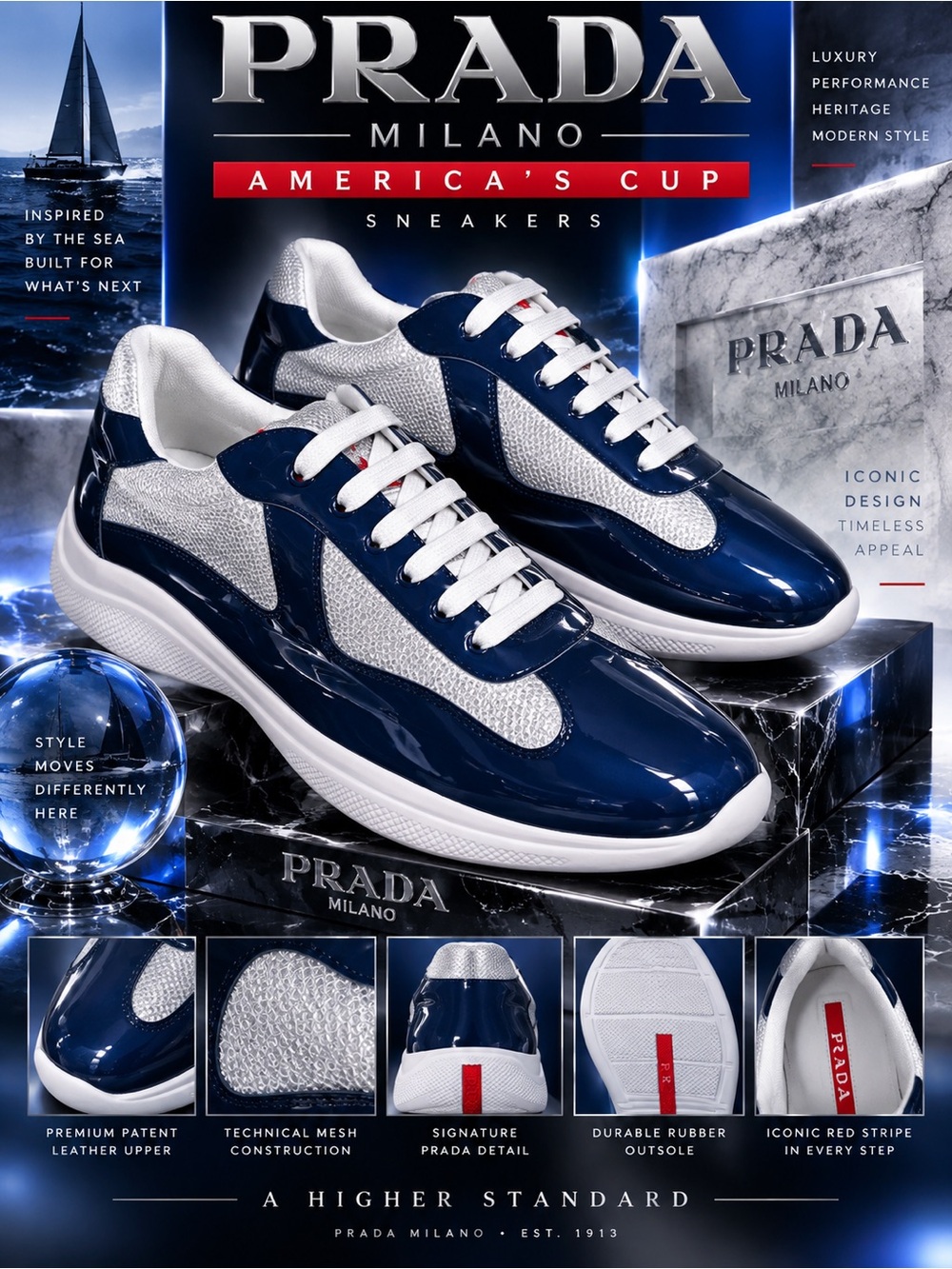 New! Prada Men’s Navy and White Patent-Trim Sneakers! Selling Cheap!